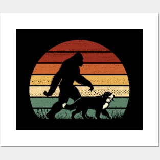 Bigfoot Sasquatch Walking Bernese Mountain Dog Retro Sunset Hiking  Posters and Art